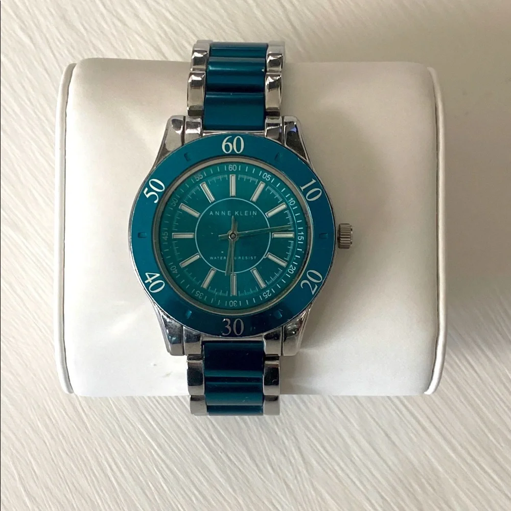 Anne Klein Teal Blue Dial & Enamel Link Silver Tone Sport Bracelet Watch